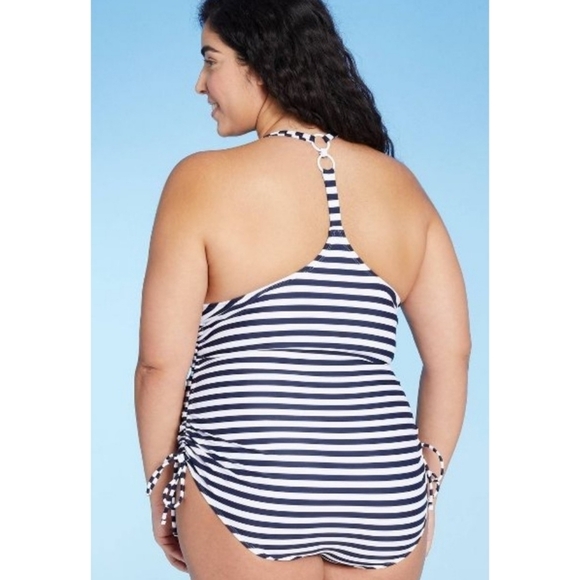 Kona Sol Side Cinch High Coverage One piece swimsuit Navy/ White Stripe Size XL - Picture 2 of 12
